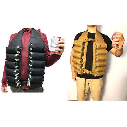 Hands-free beverage carrier vest on models, black and tan styles shown