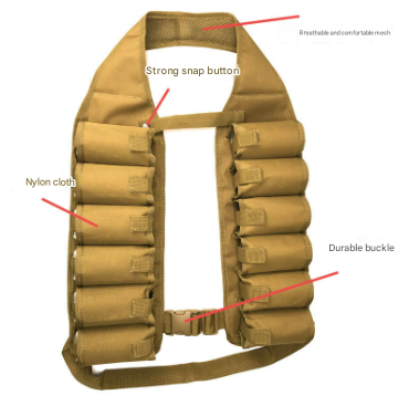 Tan beverage carrier vest with mesh back panel, snap buttons, and adjustable buckles