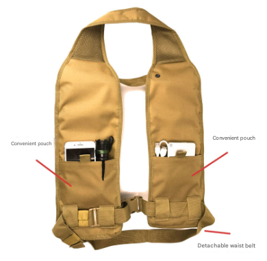 Tan beverage carrier vest with front pouches and detachable waist belt