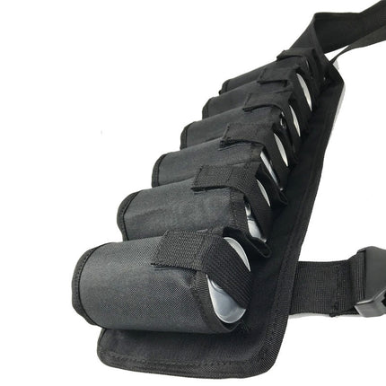 Black beverage carrier vest with padded can holders and adjustable shoulder strap