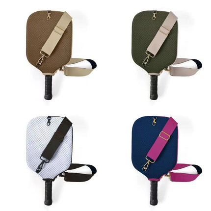 Set of paddle covers with shoulder straps, shown in green, tan, white, and blue