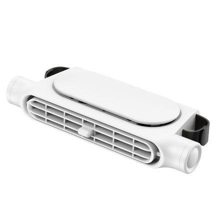 White car seat headrest fan with bladeless vent outlet, compact USB-powered unit