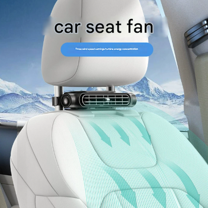 Car seat headrest fan mounted on car seat back, with airflow indicator lines