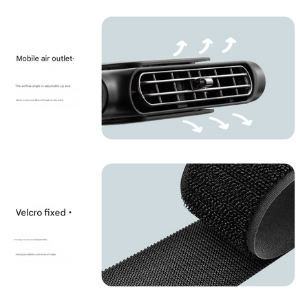 Car fan mount with hook-and-loop strap and adjustable air outlet grille