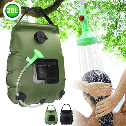 Olive portable camping shower bag with shower hose and green shower head, front mesh pocket