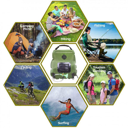 Green camping shower bag with shower hose and green shower head shown with outdoor use icons