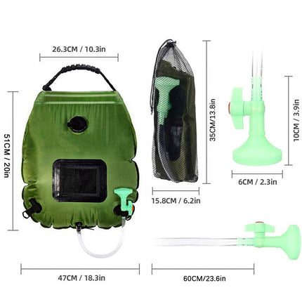 Green portable shower bag with front pocket, mesh side, and shower hose with head size diagram