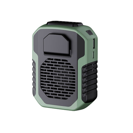 Green portable waist clip fan with front vent grille and side grip