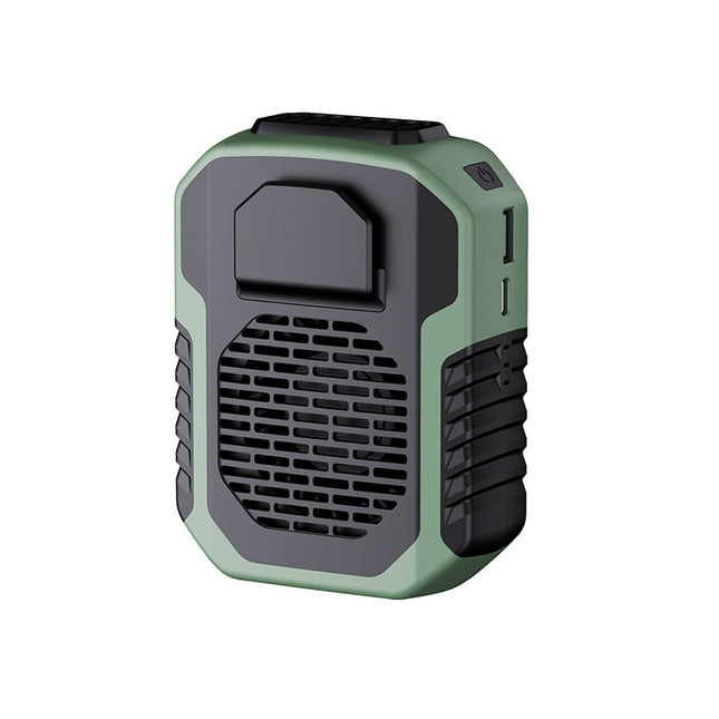 Green portable waist clip fan with front vent grille and side grip