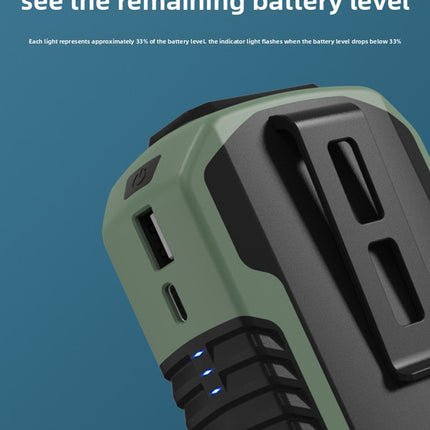Portable fan side panel with battery indicator light and charging ports