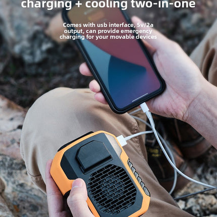 Portable fan power bank charging a smartphone with attached cable