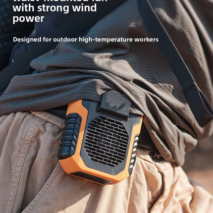 Outdoor waist-mounted portable fan clipped to work belt near clothing