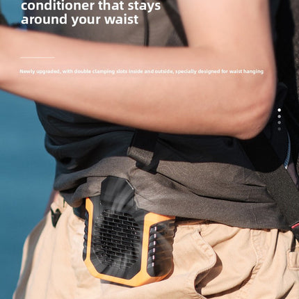 Waist-worn portable fan clipped to pants with front vent grille