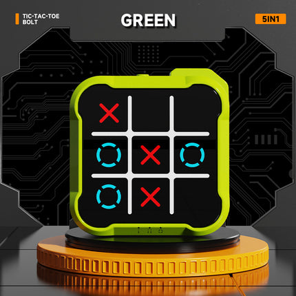 Green portable tic-tac-toe desktop game with illuminated grid, red X and blue O marks