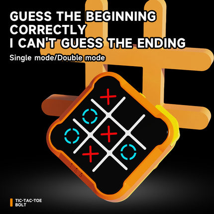 Portable tic-tac-toe game with yellow-green board, red X and blue O symbols, angled view