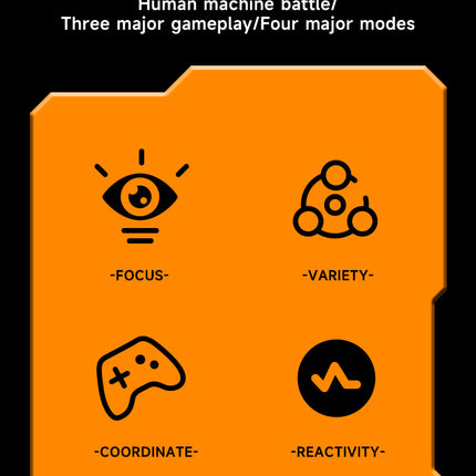 Orange feature card for tic-tac-toe game showing six black icons for functions