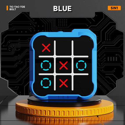 Portable tic-tac-toe desktop game with blue frame, black grid, red X and cyan circles