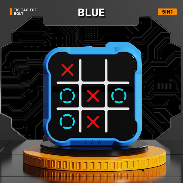 Portable tic-tac-toe desktop game with blue frame, black grid, red X and cyan circles