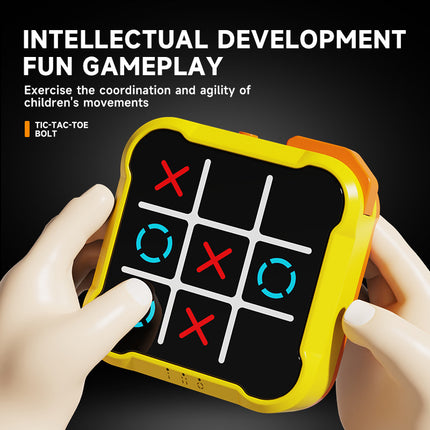 Portable tic-tac-toe desktop game held in hands, yellow frame, black grid with red X