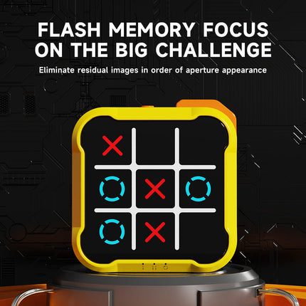 Tic-tac-toe tabletop game with yellow frame on base, black grid, red X and cyan rings