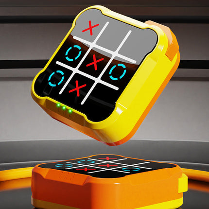 Tic-tac-toe desktop game with yellow frame and circular base, black grid with red marks