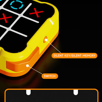 Portable tic-tac-toe game with yellow frame and switch controls, black grid with red X