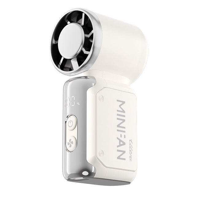 Portable mini handheld fan with white body, black grille, and side control buttons.