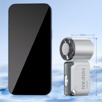 Compact mini handheld fan, white and gray with black circular air intake grille.