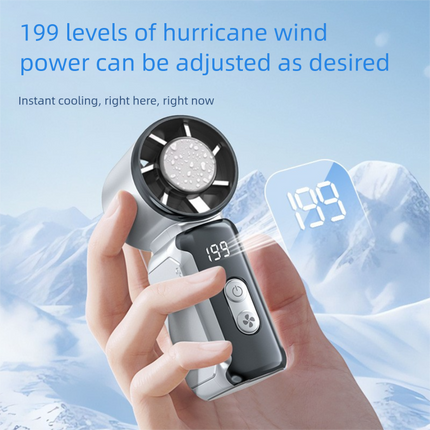 Mini handheld fan held in hands with round grille and speed level display