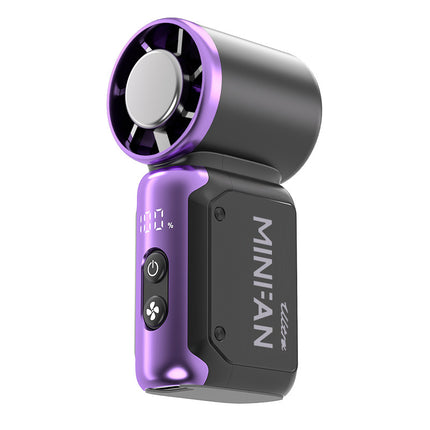 Portable mini handheld fan with purple accent, front grille and control buttons