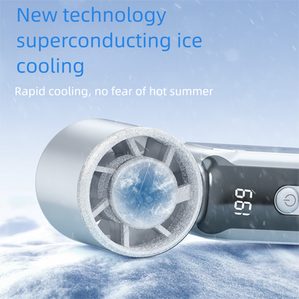 Mini handheld fan with visible frosty ice-cooling chamber inside the grille