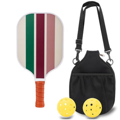 Colorful striped pickleball paddle with two yellow balls, in black carrying bag