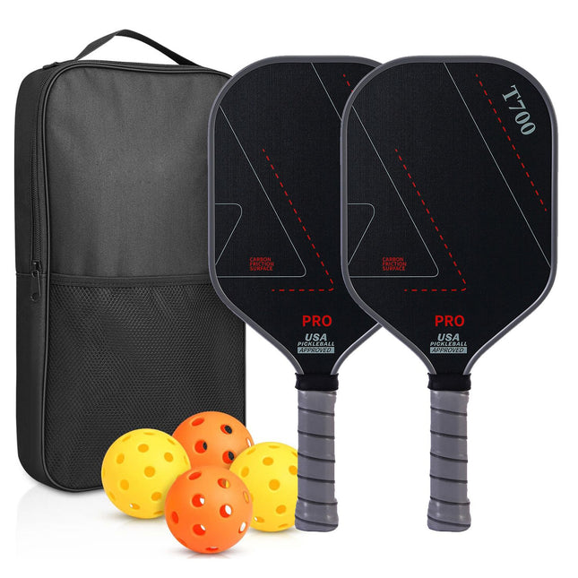 Pickleball paddle set with black paddles, grey grip, orange balls, and carry bag