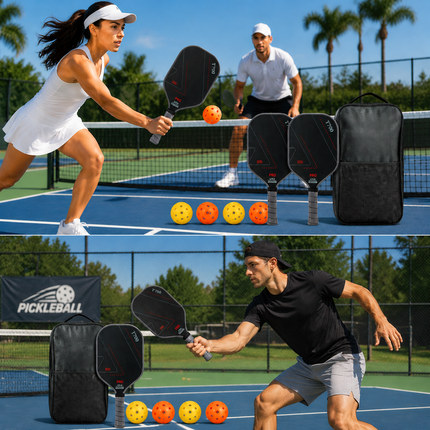 Pickleball paddles with orange balls and black carry bag