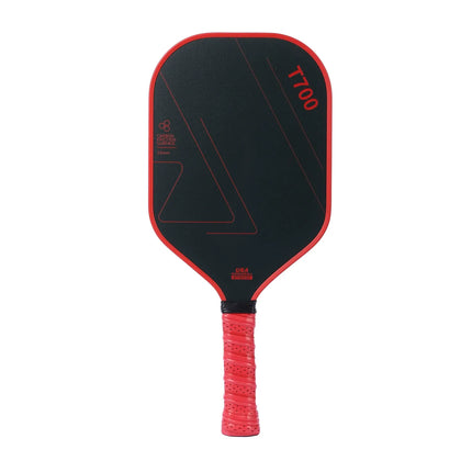 Black pickleball paddle with red rim and red perforated handle grip