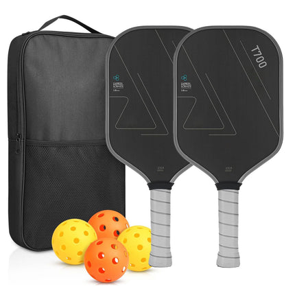 Pickleball paddle set with black carry bag, two dark paddles, and orange pickleballs