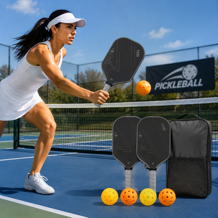 Pickleball paddle set with carry bag and four orange pickleballs
