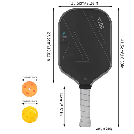 T700 pickleball paddle with textured dark face and gray ribbed handle