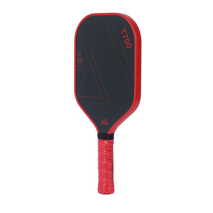 T700 pickleball paddle with dark face, red frame, and red ribbed grip