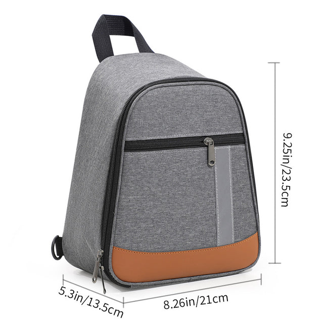 Grey insulated lunch bag with zip front, strap handle, orange base trim