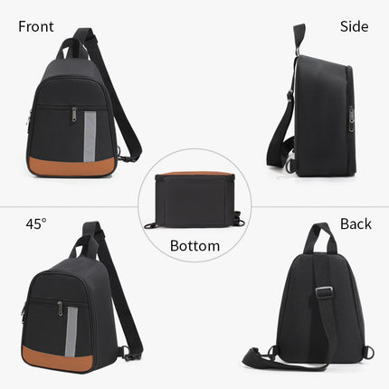 Black portable lunch bag with orange bottom panel, zip front, top handle and side strap