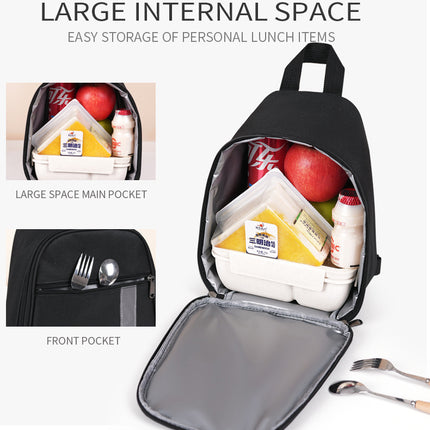Black insulated lunch bag open with silver interior and front pocket for lunch items