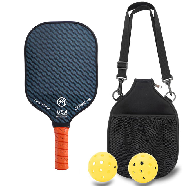 Pickleball paddle set with blue carbon-fiber paddle, black mesh carry bag and 2 balls
