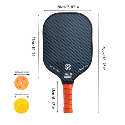 Pickleball paddle with dimensions shown: 40 cm height, 20 cm width, orange handle