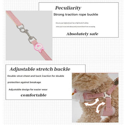 Pink mesh pet harness featuring adjustable stretch buckle and traction strap