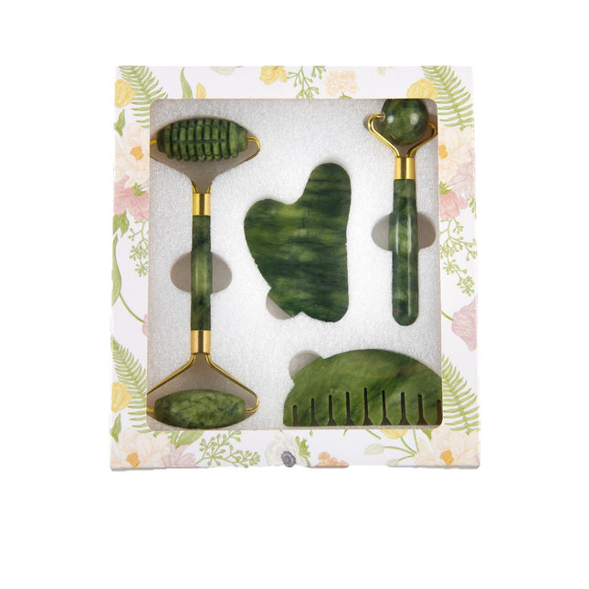 Green jade face and body massage tool set: roller, gua sha, comb, small stick.