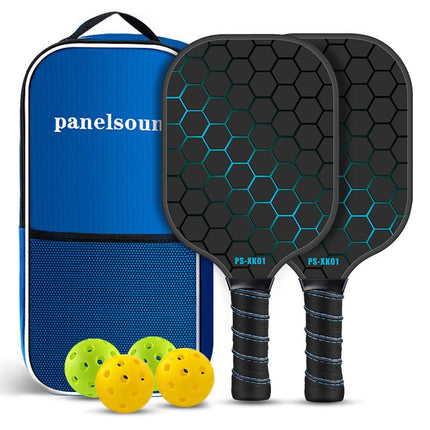 Lightweight pickleball paddle set with 2 rackets, 4 yellow balls, and blue carry bag
