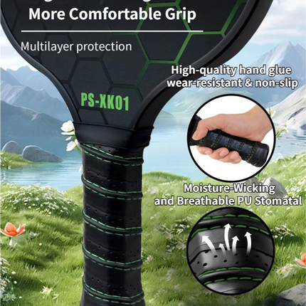 Black pickleball paddle with green hex accents and striped PU comfort grip handle