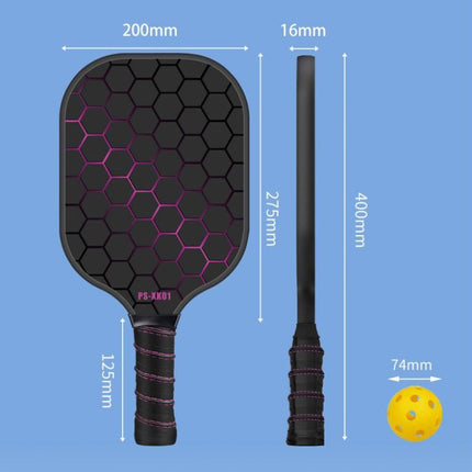 Pickleball paddle and ball size diagram with handle, racket outline, and measurements