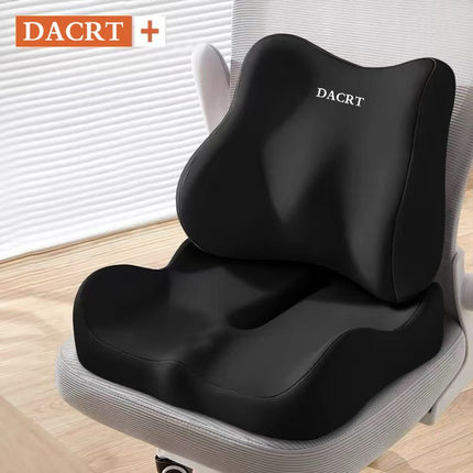 Black ergonomic seat cushion with lumbar pillow and contoured memory-foam support
